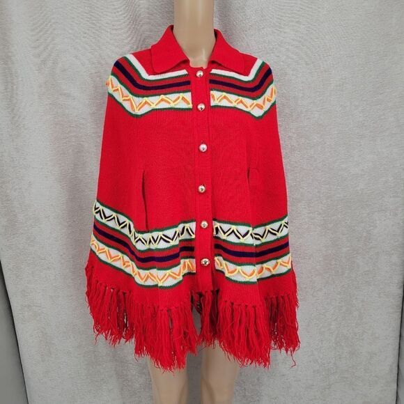 Vintage 70s Red Southwestern Knit Button Down Poncho Hippie Red - Picture 6 of 12